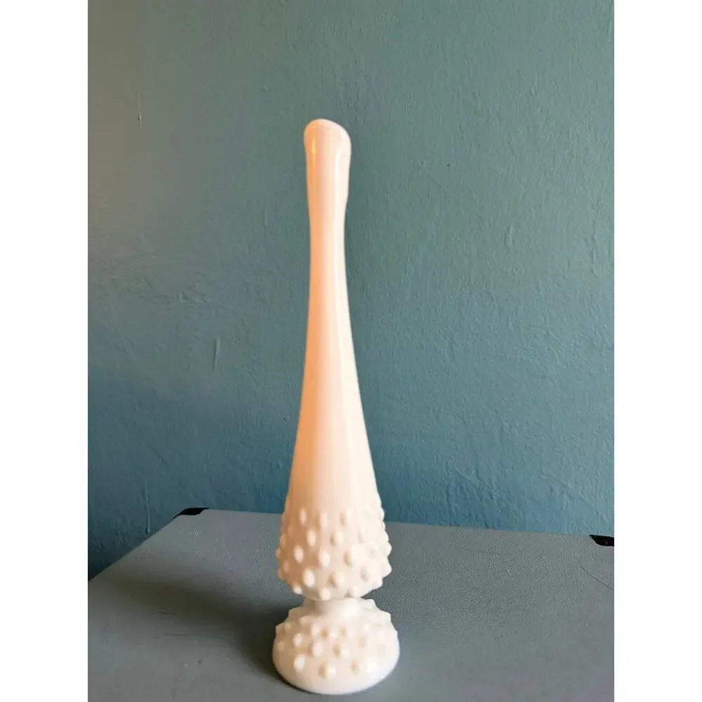 Vintage Fenton White Milk Glass Hobnail Swung Bud Vase MCM Pedestal 9.75